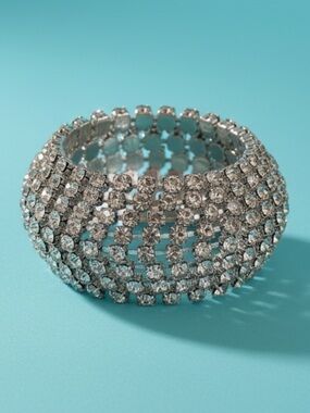 Vintage 8-row sparkly rhinestone curved cuff bracelet, Elegant Bridal Prom Event